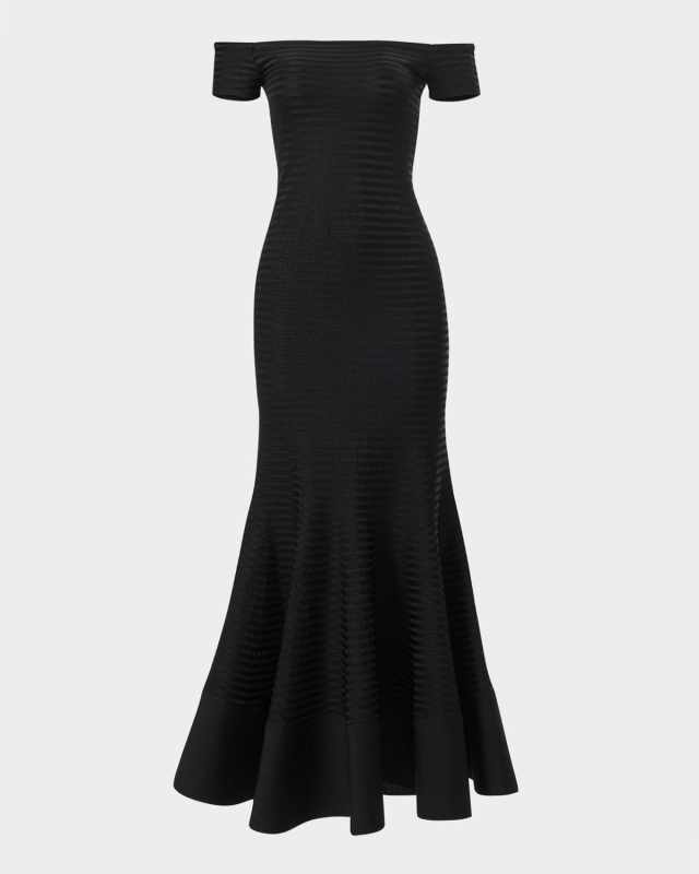 Metallic Striped Off-The-Shoulder Trumpet Gown